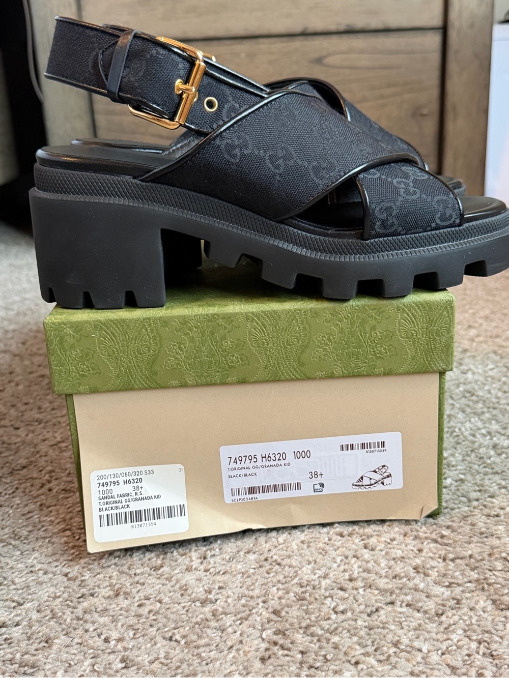 Gucci Black Granada Kid platform block sandals heels 38.5